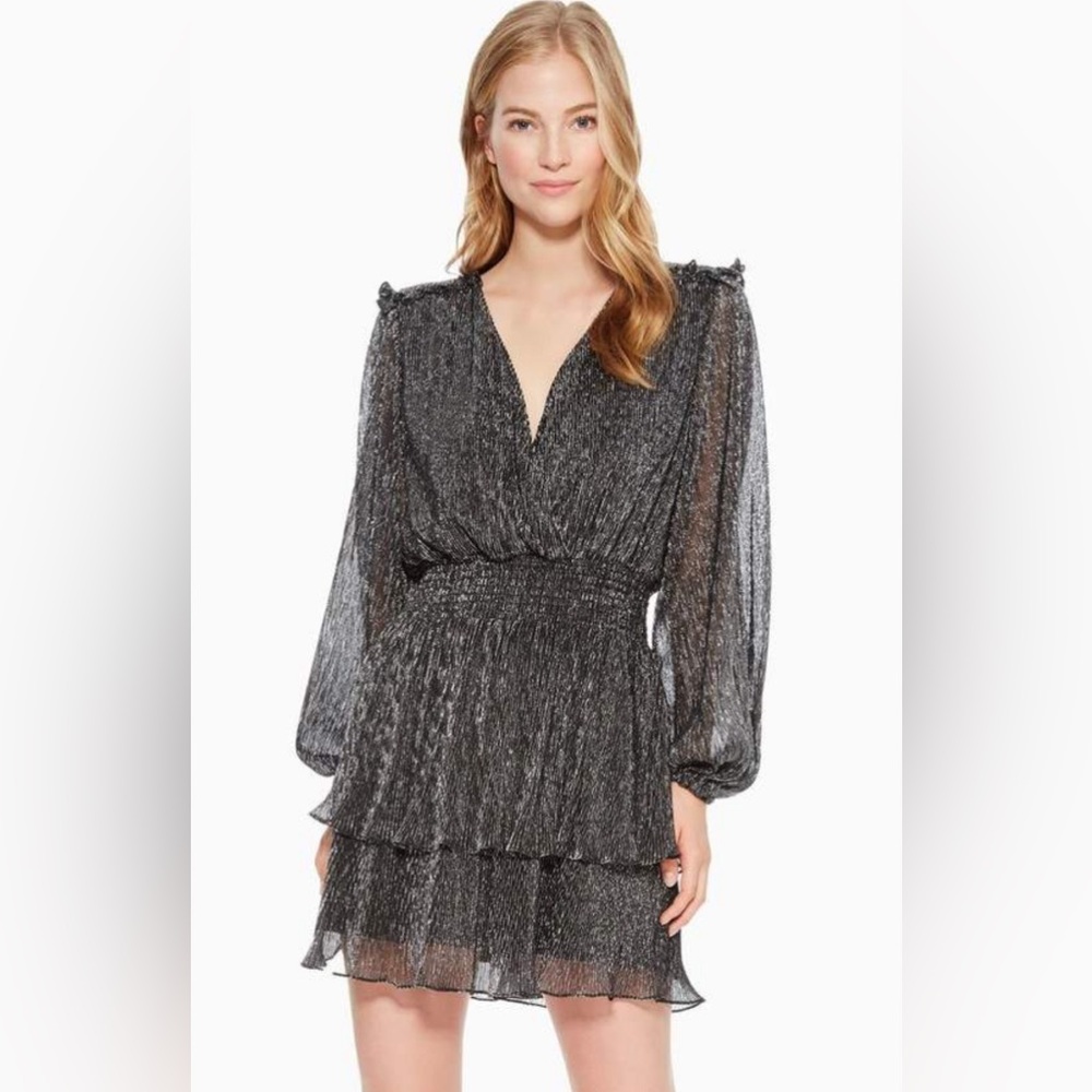 Parker "Brianna" Metallic black silver mini dress ruffles long sleeves women's M